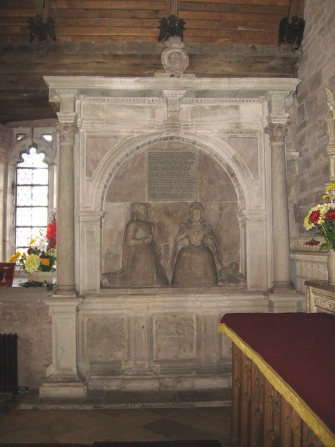 An Elizabethan alabaster monument showing Blanche Parry kneeling in prayer before a seated, crowned Queen Elizabeth I.