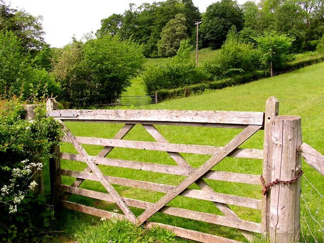 A weathered wooden five-bar gate on a footpath, the wooded bank of the estate rising green behind it.